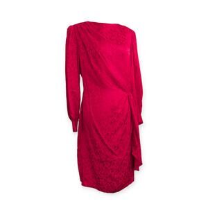 Pat Argenti Petite Gathered Red Silk Jacquard Gathered Sheath Dress